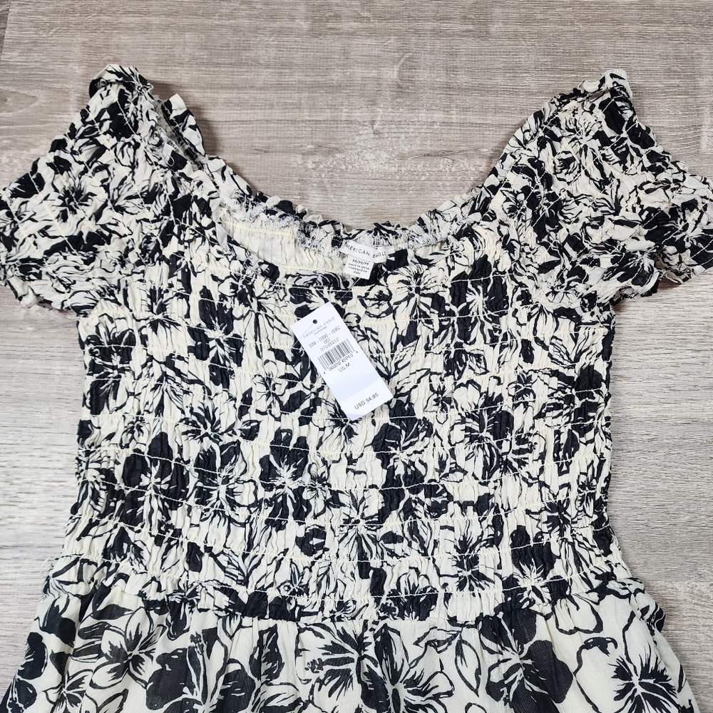AMERICAN EAGLE Tropical Floral Hibiscus Tiered Shortsleeve Dress Medium - Picture 3 of 14
